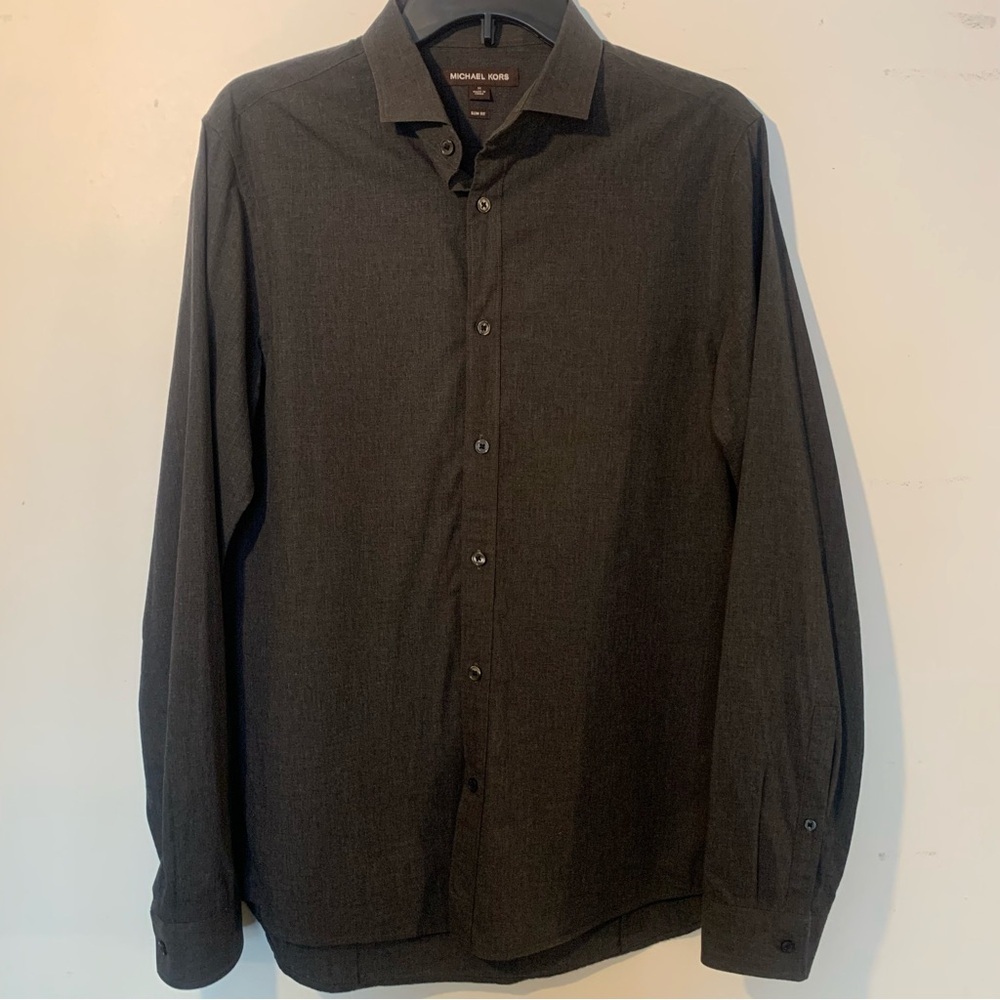 Michael Kors Mens Slim Fit Button Down Dark Gray Size Medium